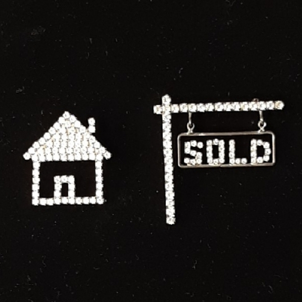Vintage 1990's Sparkly Silver-Tone Rhinestone Home and "Sold" Sign Brooch Set